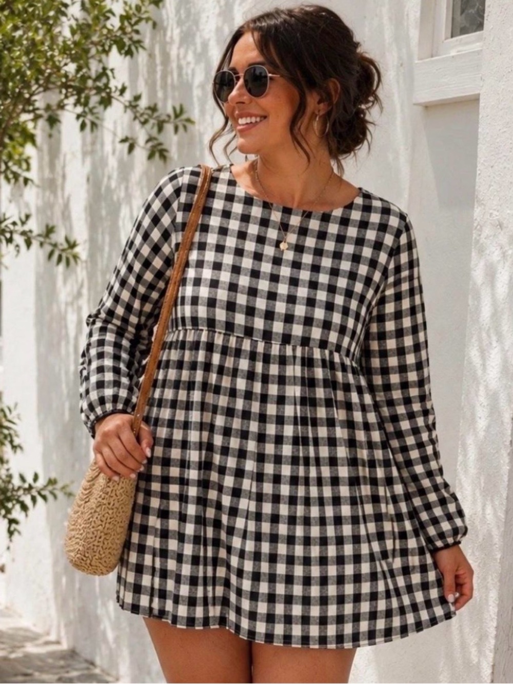 Zara Gingham Long Sleeve Babydoll Tunic Dress w/ Shorts, Size Small